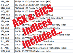 Easy Load ASX includes the ASX 20, ASX 50, ASX 100, ASX 200 (XJO), ASX 300 and All Ords (XAO) index, plus 12 GICS indices.